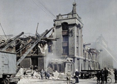 French fire fighters, military and civilians trying to prevent fires from spreading after the bombings of September 2 and 3, which affected several buildings in Dunkirk by Paul Castelnau